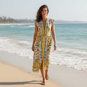 Farm Rio Sicily Scarf Cotton Flutter Floral Maxi Dress Size Medium